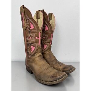 Hondo Cowboy Boots Womens 7.5 B Tall Brown Leather Pink Crosses Square Western